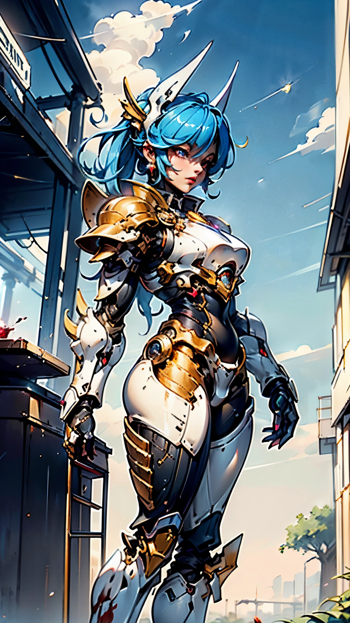 A woman adorned in fantasy-style full-body armor, a crown-concept fully enclosed helmet that unveils only her eyes, a composite layered chest plate, fully encompassing shoulder and hand guards, a lightweight waist armor, form-fitting shin guards, the overall design is heavy-duty yet flexible, ((the armor gleams with a golden glow, complemented by red and blue accents)), exhibiting a noble aura, she floats above a fantasy-surreal high-tech city, this character embodies a finely crafted fantasy-surreal style armored hero in anime style, exquisite and mature manga art style, (Queen bee mixed with Spider concept Armor, plasma, blood), ((Element, energy, elegant, goddess, femminine:1.5)), metallic, high definition, best quality, highres, ultra-detailed, ultra-fine painting, extremely delicate, professional, anatomically correct, symmetrical face, extremely detailed eyes and face, high quality eyes, creativity, RAW photo, UHD, 32k, Natural light, cinematic lighting, masterpiece-anatomy-perfect, masterpiece:1.5