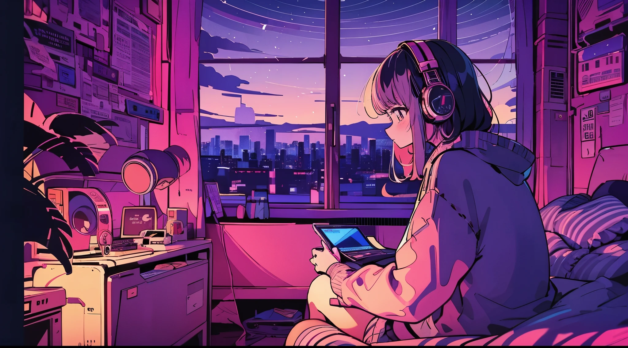 (hinterrücks), Anime-Mädchen sitzt vor einem Computer in einem gemütlichen Schlafzimmer, Mädchen hört Musik in einem gemütlichen Zimmer (Nacht), Verwendung von Kopfhörern, Auf dem Dach, (beautiful Nacht views from windows), viele Dinge, 2D-Anime-Stil, Die Ästhetik von Anime in den 90er Jahren, Lo-Fi, Sehr detailiert, hard disk, Ein Mix aus Anime-Stil und Fujifilm, surreal, 8k, Meisterwerk