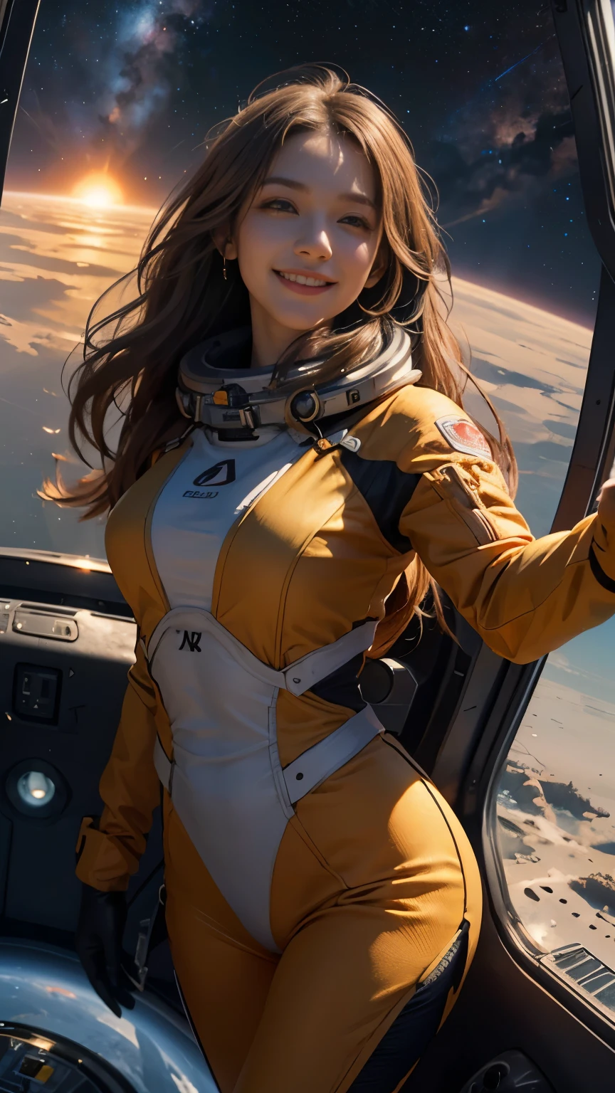 xxmixgirl,1girl, fisheye, selfie, wind, messy hair, sunset,smiling,FilmGirl, Generate a lively and enchanting scene portraying a girl with flowing hair, radiating joy in a orange spacesuit. Picture her inside a futuristic spacecraft, capturing a moment of pure enthusiasm as she takes a selfie. planet mercury and huge sun visible in the background. The spacecraft's interior is sleek and modern, adorned with high-tech elements and large windows that offer breathtaking view of planet mercury from space in vast expanse of space galaxy, The girl's genuine smile reflects her excitement as she embarks on a journey to amercury, showcasing the adventurous spirit of space exploration, orange space suit. show case large burning sun in background