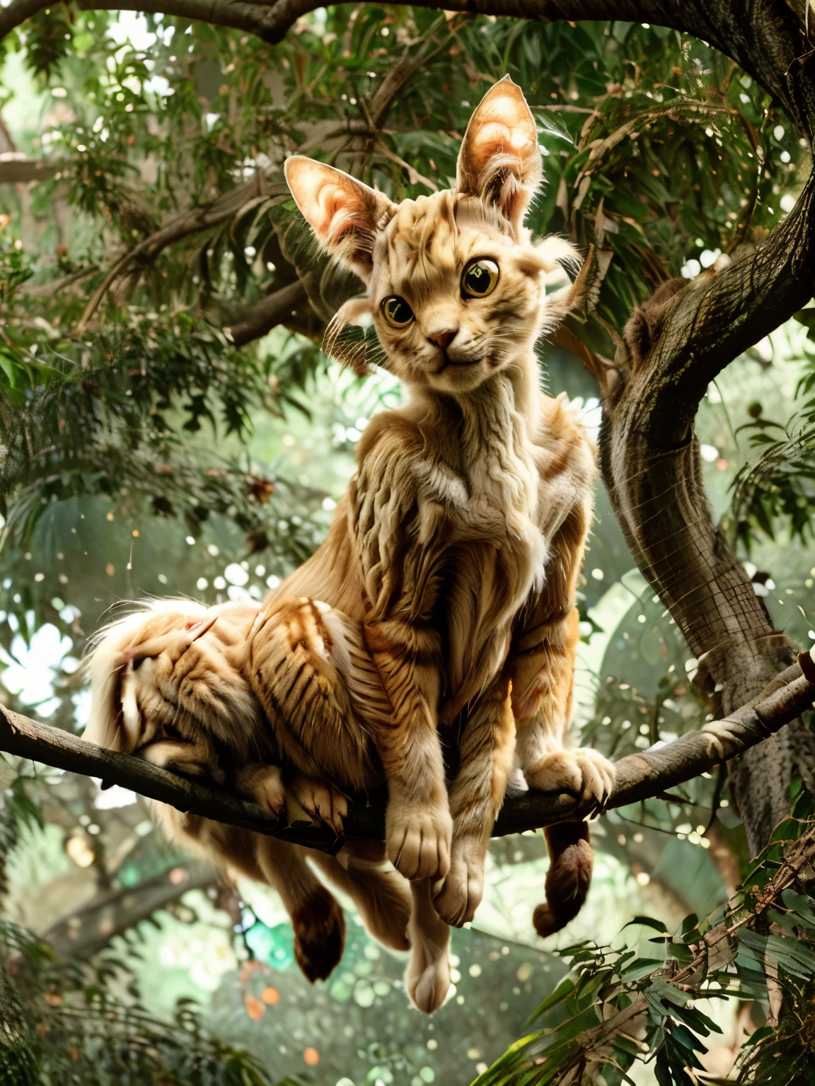 ((a 6 legged cream colored cat with goat eyes laying on a branch in a tree looking down)), cat with long fur and six legs, redwood forest, cat with long cream colored fur and an extra set of legs in the middle, goat eyes, symmetrical, 6 legs, photo realistic, hyper realistic, masterpiece, david weber, treecat, honor harrington