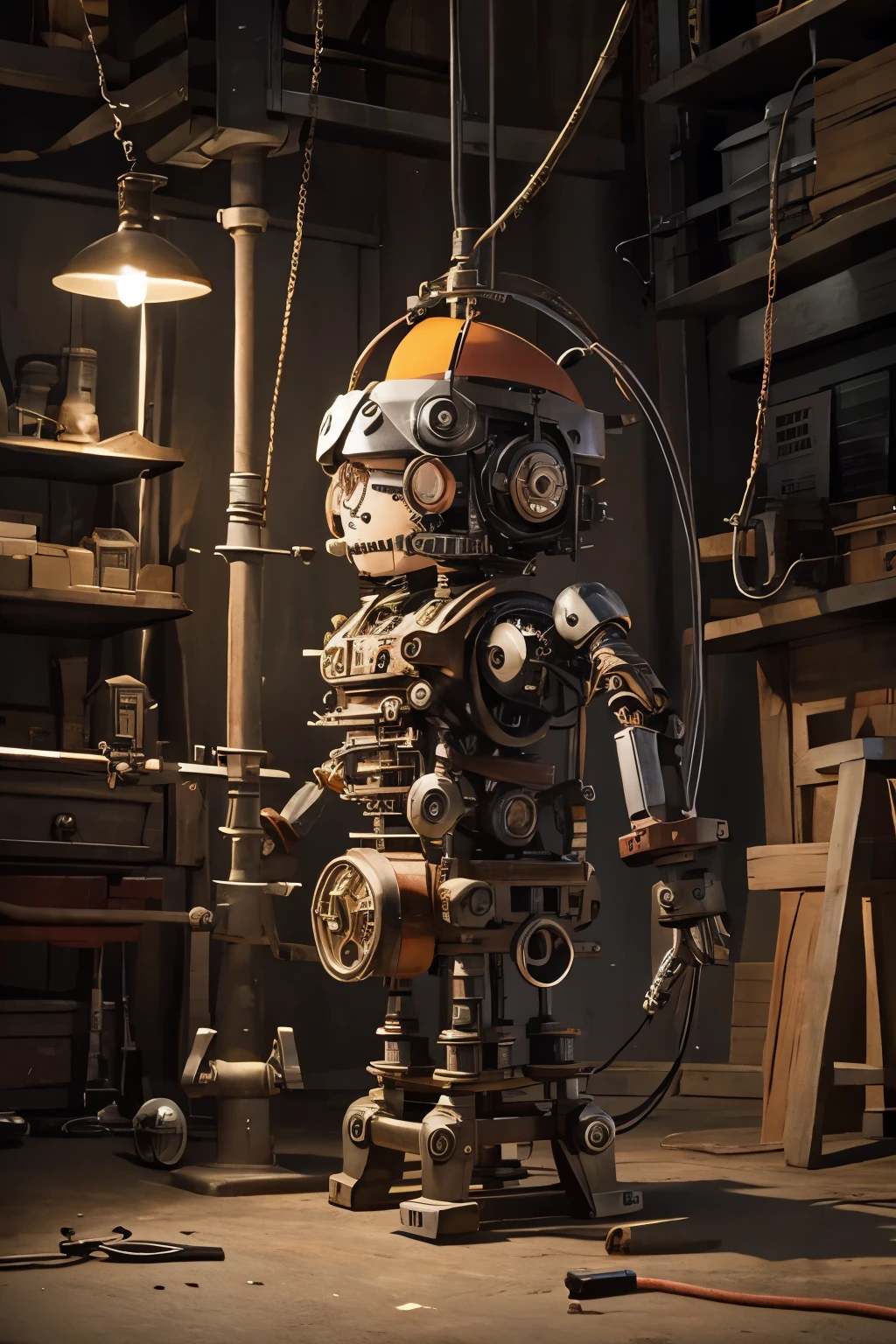 Mechanical Puppet, complex mechanism, gears, wires, pipes, joints