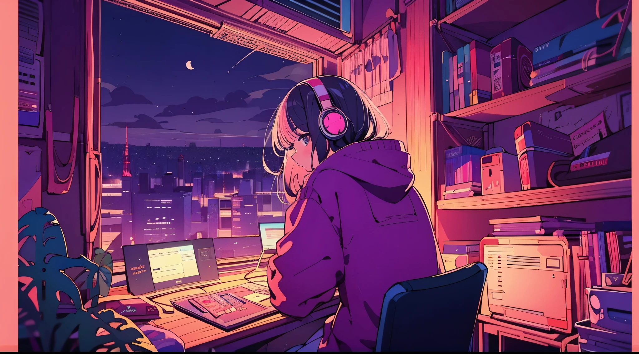 (hinterrücks), Anime-Mädchen sitzt vor einem Computer in einem gemütlichen Schlafzimmer, Mädchen hört Musik während des Lernens in einem gemütlichen Zimmer (Nacht), Kopfhörer verwenden, auf dem Dach, (beautiful Nacht views from windows), viele Dinge, 2D-Anime-Stil, Die Ästhetik von Anime in den 90er Jahren, Lo-Fi, Sehr detailiert, hard disk, Ein Mix aus Anime-Stil und Fujifilm, surreal, 8k, Meisterwerk