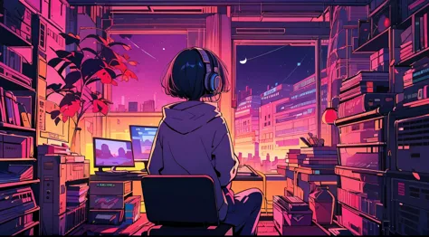 (from behind), Anime girl sitting in front of a computer in a cozy bedroom, Girl listening to music while playing a game in a co...