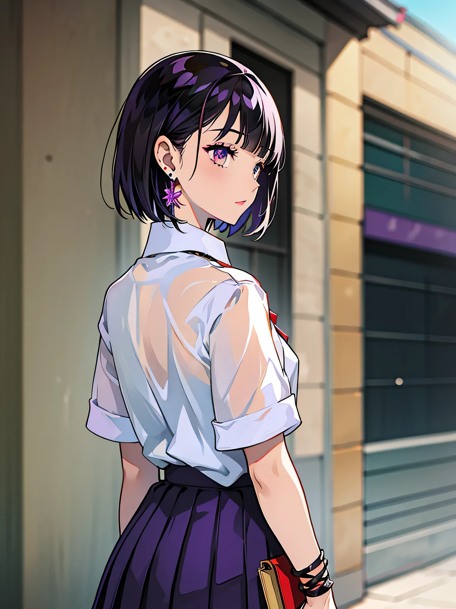 girl in school uniform with black and purple hair standing in front of 紫色の背景, 1 girl, alone, short hair, skirt, shirt, black hair, tie, simple background, white shirt, purple eyes, black tie, jewelry, pleated skirt, From the side, short sleeve, earrings, collared shirt, shirt tucked in,rum \(rumダヨー\)