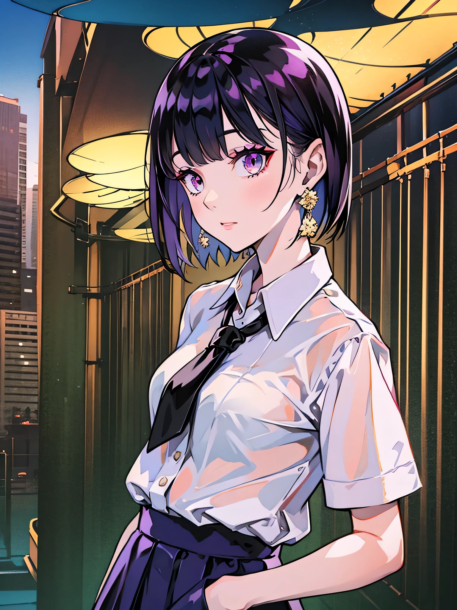 girl in school uniform with black and purple hair standing in front of 紫色の背景, 1 girl, alone, short hair, skirt, shirt, black hair, tie, simple background, white shirt, purple eyes, black tie, jewelry, pleated skirt, From the side, short sleeve, earrings, collared shirt, shirt tucked in,rum \(rumダヨー\)