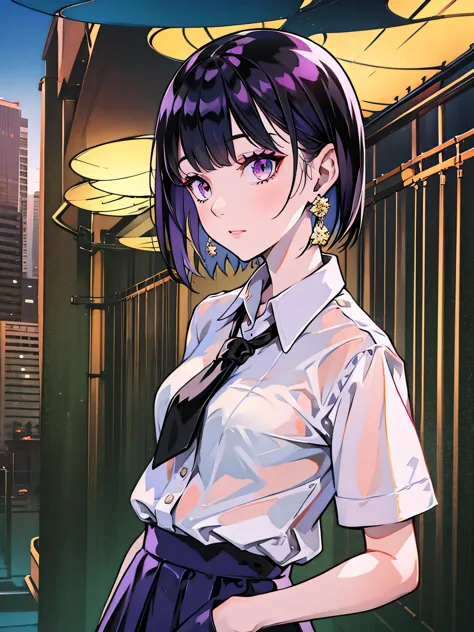 girl in school uniform with black and purple hair standing in front of 紫色の背景, 1 girl, alone, short hair, skirt, shirt, black hai...