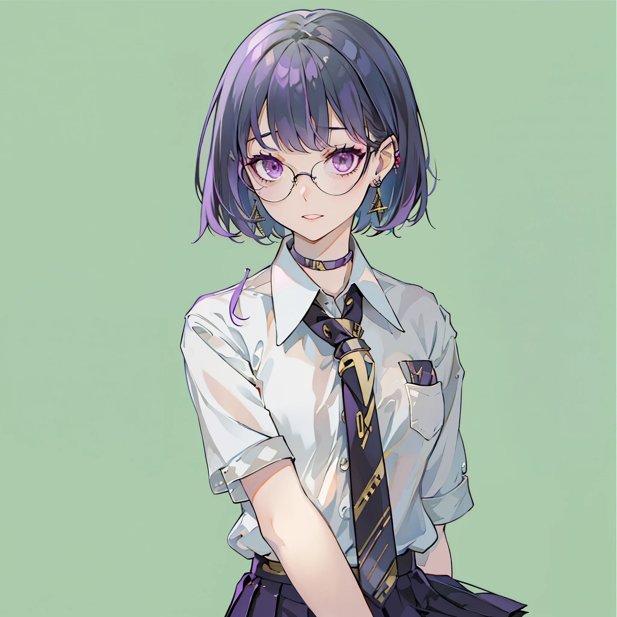 girl in school uniform with black and purple hair standing in front of 紫色の背景, 1 girl, alone, short hair, skirt, shirt, black hair, simple background, white shirt, purple eyes, black tie, jewelry, pleated skirt, From the side, short sleeve, earrings, collared shirt, shirt tucked in,rum \(rumダヨー\), eye shadow.white clothes,glasses