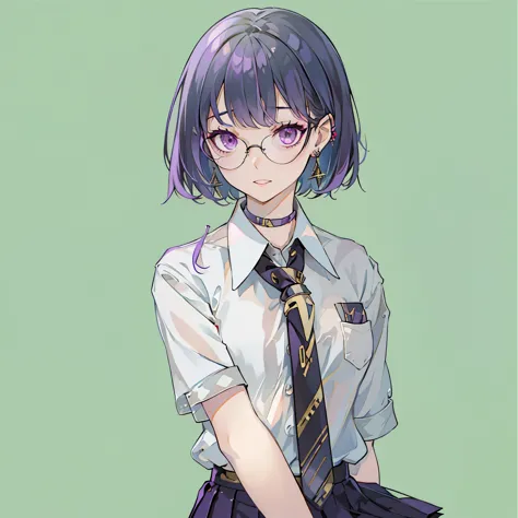 girl in school uniform with black and purple hair standing in front of 紫色の背景, 1 girl, alone, short hair, skirt, shirt, black hai...