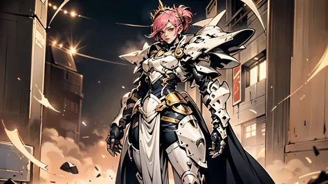 a woman adorned in fantasy-style full-body armor, a crown-concept fully enclosed helmet that unveils only her eyes, a composite ...