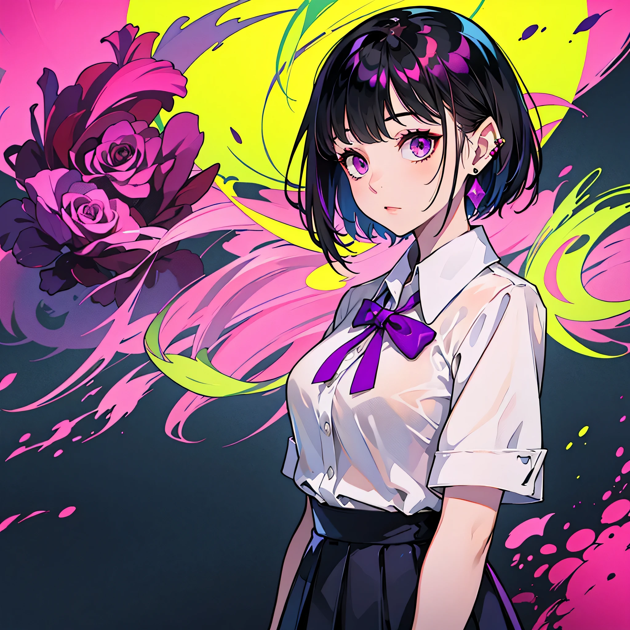 girl in school uniform with black and purple hair standing in front of purple background, 1 girl, alone, short hair, skirt, shirt, black hair, purple background, white shirt, purple eyes, black , pleated skirt, From the side, short sleeve, earrings, collared shirt,, shirt tucked in,rum \(rumダヨー\)