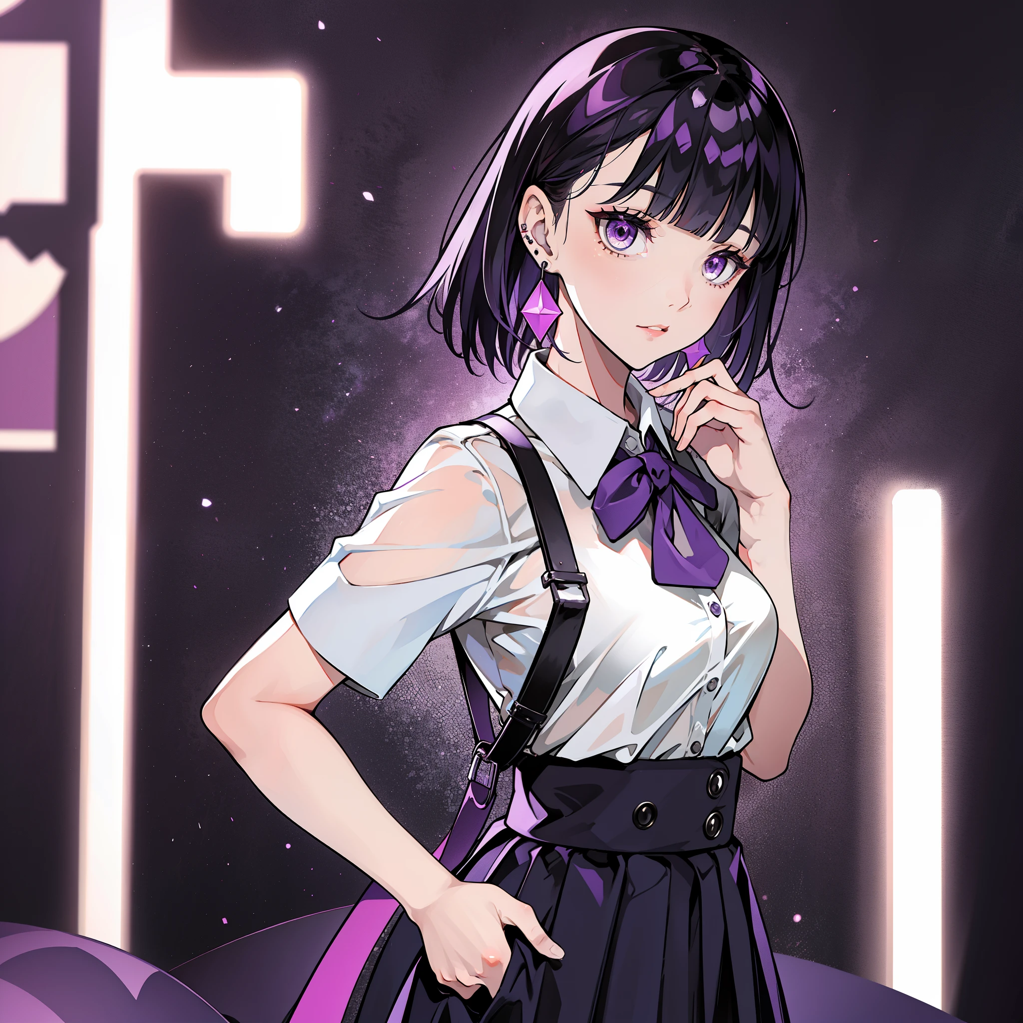 girl in school uniform with black and purple hair standing in front of purple background, 1 girl, alone, short hair, skirt, shirt, black hair, purple background, white shirt, purple eyes, black , pleated skirt, From the side, short sleeve, earrings, collared shirt,, shirt tucked in,rum \(rumダヨー\)