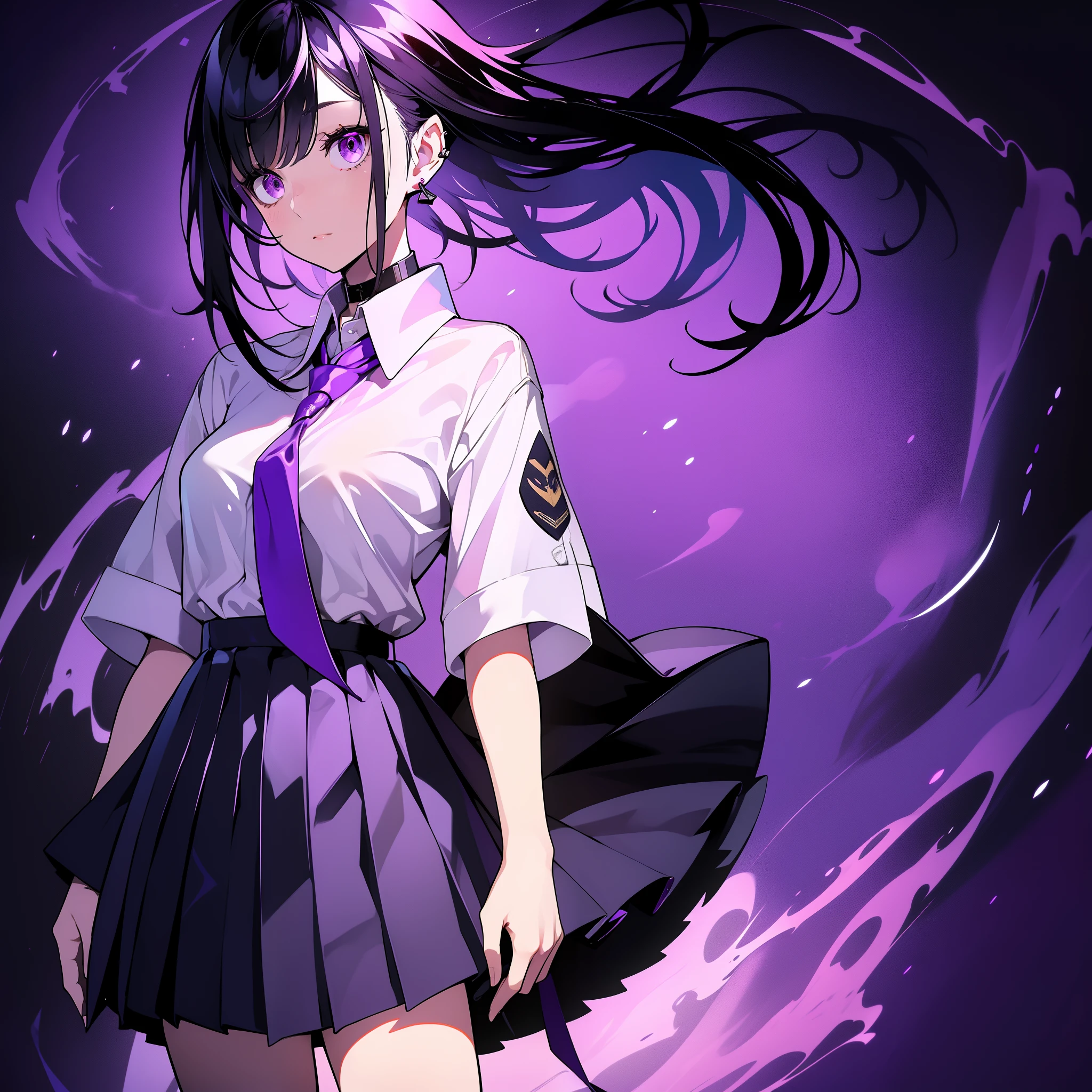 girl in school uniform with black and purple hair standing in front of purple background, 1 girl, alone, short hair, skirt, shirt, black hair, purple background, white shirt, purple eyes, black , pleated skirt, From the side, short sleeve, earrings, collared shirt,, shirt tucked in,rum \(rumダヨー\)