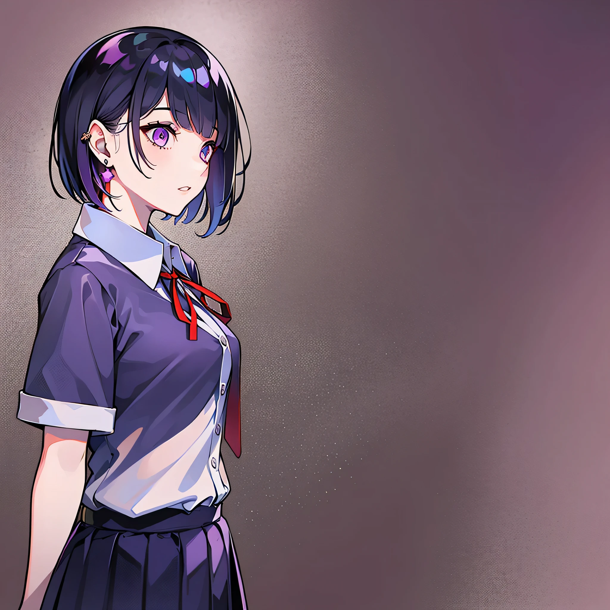 girl in school uniform with black and purple hair standing in front of purple background, 1 girl, alone, short hair, skirt, shirt, black hair, purple background, white shirt, purple eyes, black , pleated skirt, From the side, short sleeve, earrings, collared shirt,, shirt tucked in,rum \(rumダヨー\)