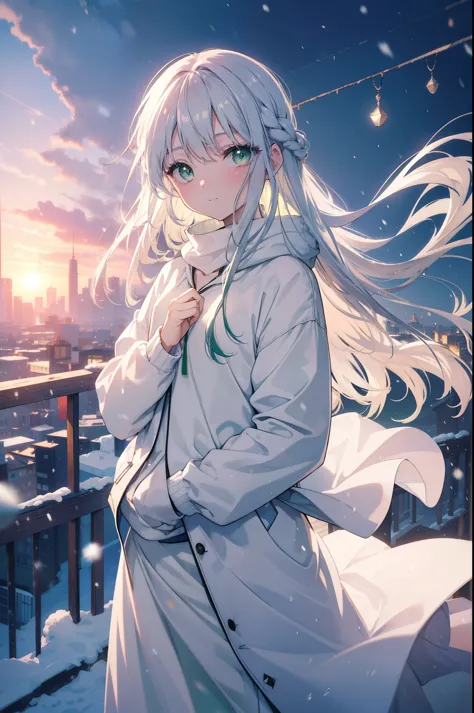 index, index, (green eyes:1.5), silver hair, long hair,smile, (flat chest:1.2),White Long Hoodie,gray long skirt,sneakers,Both h...