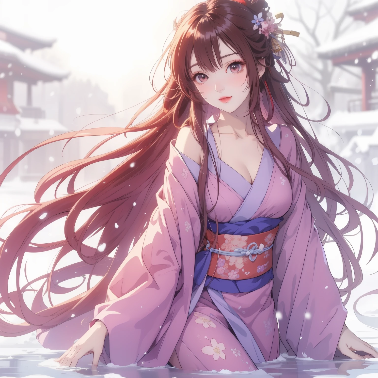 Anime girl wearing kimono in the snow, Beautiful anime girl, anime long hair girl, anime style 4k, Beautiful anime woman, Beautiful anime, beautiful anime girl, flowing hair and gown, Cute anime waifu wearing beautiful clothes, cute anime girl, Beautiful anime style, Attractive anime girl, Beautiful anime artwork, anime wallpaper 4k, HD anime wallpaper