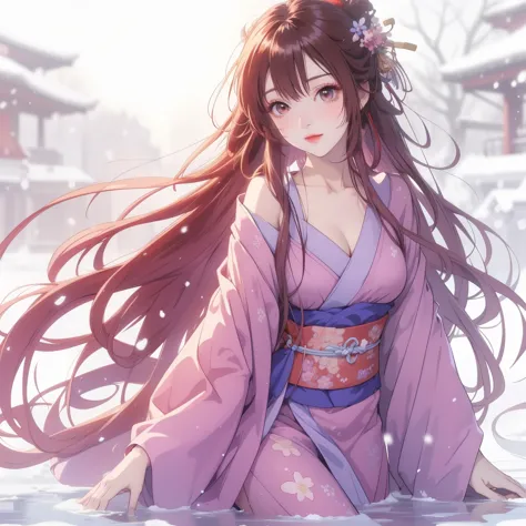 Anime girl wearing kimono in the snow, Beautiful anime girl, anime long hair girl, anime style 4k, Beautiful anime woman, Beauti...
