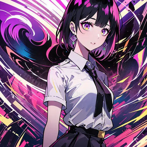 girl in school uniform with black and purple hair standing in front of purple background, 1 girl, alone, short hair, skirt, shir...