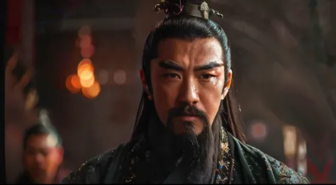 One has a long beard、man wearing crown, from three kingdoms, chinese three kingdoms, Guan yu, inspired by Wu Daozi, xianxia hero...