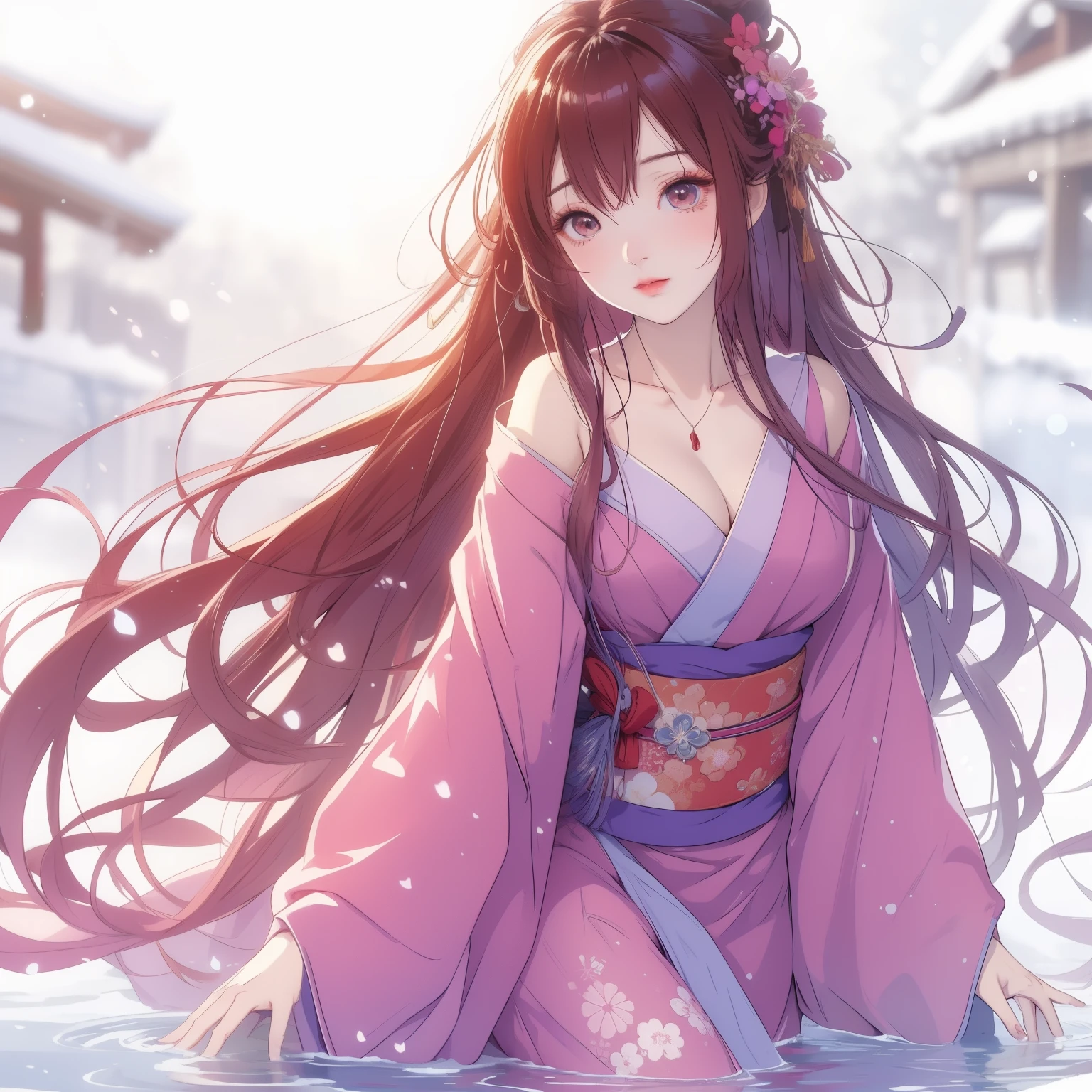 Anime girl wearing kimono in the snow, Beautiful anime girl, anime long hair girl, anime style 4k, Beautiful anime woman, Beautiful anime, beautiful anime girl, flowing hair and gown, Cute anime waifu wearing beautiful clothes, cute anime girl, Beautiful anime style, Attractive anime girl, Beautiful anime artwork, anime wallpaper 4k, HD anime wallpaper