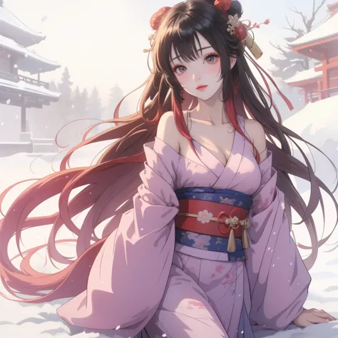 Anime girl wearing kimono in the snow, Beautiful anime girl, anime long hair girl, anime style 4k, Beautiful anime woman, Beauti...