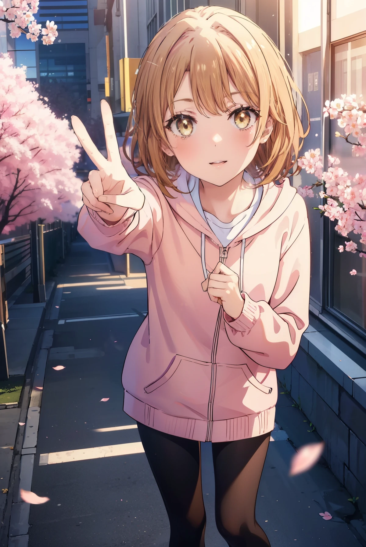 irohaisshiki, iroha isshiki, short hair, brown hair, (brown eyes:1.5), blush,smile,open your mouth,Put your hand over your mouth and make a peace sign, 1 girl,towards the camera,Pink hoodie　wearing a hood,short denim pants,black tights,short boots,standing with one&#39;s back against the wall、cherry blossoms are blooming,Cherry blossoms are scattered,
break indoors, Cherry blossom tree-lined path,
break looking at viewer,
break (masterpiece:1.2), highest quality, High resolution, unity 8k wallpaper, (figure:0.8), (detailed and beautiful eyes:1.6), highly detailed face, perfect lighting, Very detailed CG, (perfect hands, perfect anatomy),
