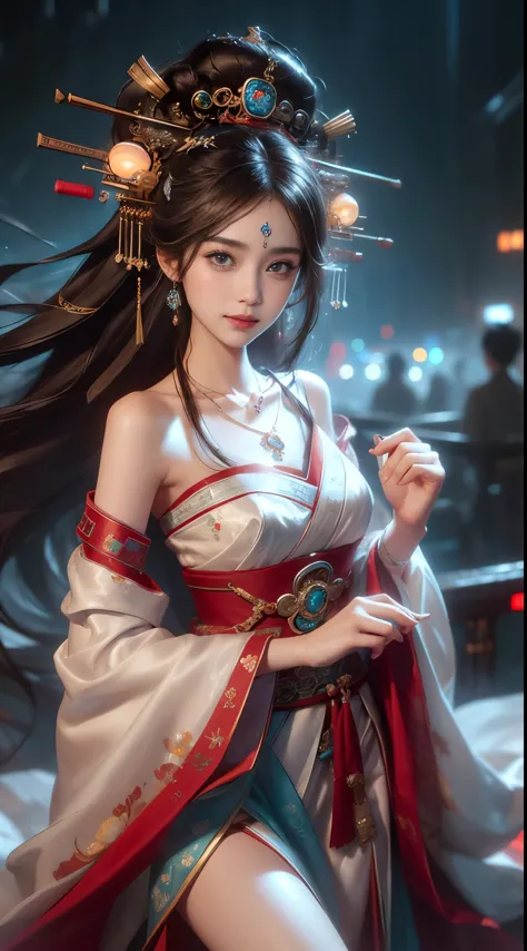 elaborate hanfu, ((whole body)), ((from below)), ((gufeng,bare shoulders)), clear face, pretty face, 8k, masterpiece, original p...