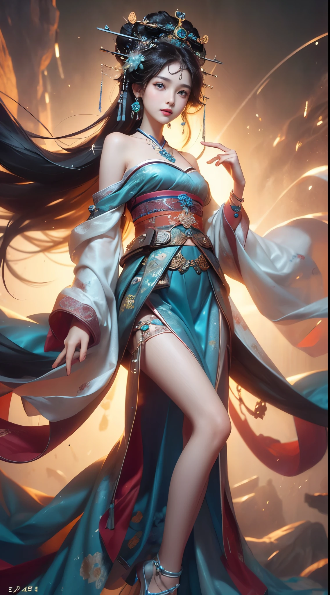 elaborado Hanfu, ((todo o corpo)), ((De baixo)), ((Gufeng,Ombros nus)), rosto claro, cara bonita, 8K, Obra de arte, foto original, melhor qualidade, detalhe:1.2,realista, detalhe, Very detalheed, CG, Unir, papel de parede, profundidade de campo, Luz de filme, reflexo de lente, rastreamento de raios, (Rosto extremamente lindo, bonitos lábios, olhos lindos), complex, detalhe的脸, ((ultra detalheed skin)), 1 garota, na escuridão, sombra profunda, Linda garota coreana, ídolo kpop,(Figura muito esbelta:1.3), Seios rechonchudos, Pernas finas e sensuais, elegant posture, (sorriso brilhante), (City noite, (luzes de neon), (noite), Linda garota coreana, Brincos de diamante branco, Pulseira de diâmetro, Colar dia, olhos limpos, virado para a frente, (olhos grandes)