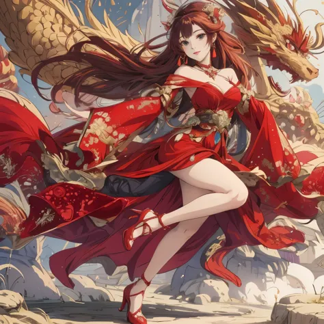 A woman in a red dress and a dragon fly over a pile of coins, anime goddess, Beautiful charming anime woman, beautiful fantasy q...