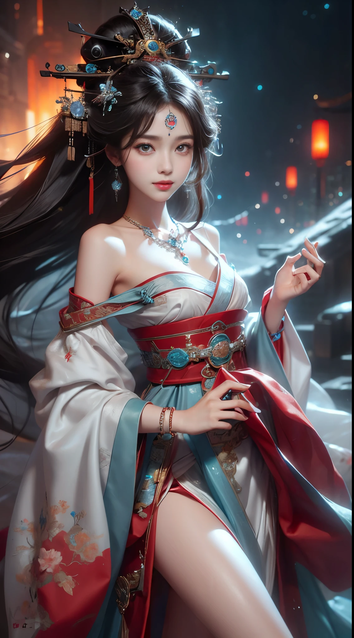 elaborate Hanfu, ((whole body)), ((from below)), ((gufeng,bare shoulders)), clear face, pretty face, 8K, masterpiece, original photo, best quality, detail:1.2,lifelike, detail, Very detailed, CG, Unite, wallpaper, depth of field, movie light, lens flare, Ray tracing, (extremely beautiful face, beautiful lips, beautiful eyes), complex, detail face, ((ultra detailed skin)), 1 girl, in the darkness, deep shadow, beautiful korean girl, kpop idol,(Very slim figure:1.3), plump breasts, Slender sexy legs, elegant posture, (bright smile), (City night, (neon lights), (night), beautiful korean girl, white diamond earrings, diameter bracelet, Dia Necklace, clear eyes, facing forward, (big eyes)