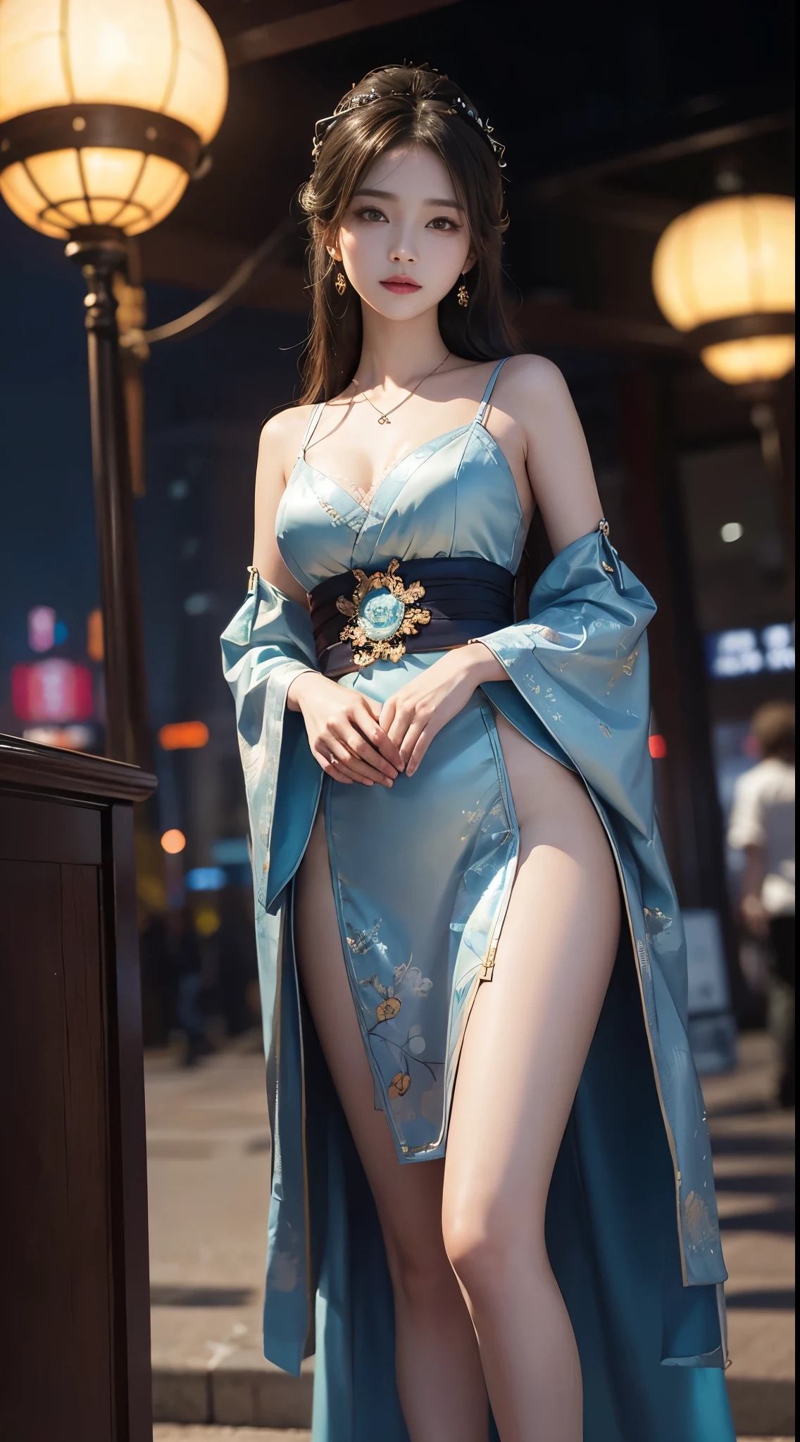 elaborate Hanfu, ((whole body)), ((from below)), ((gufeng,bare shoulders)), clear face, pretty face, 8K, masterpiece, original photo, best quality, detail:1.2,lifelike, detail, Very detailed, CG, Unite, wallpaper, depth of field, movie light, lens flare, Ray tracing, (extremely beautiful face, beautiful lips, beautiful eyes), complex, detail face, ((ultra detailed skin)), 1 girl, in the darkness, deep shadow, beautiful korean girl, kpop idol,(Very slim figure:1.3), plump breasts, Slender sexy legs, elegant posture, (bright smile), (City night, (neon lights), (night), beautiful korean girl, white diamond earrings, diameter bracelet, Dia Necklace, clear eyes, facing forward, (big eyes)