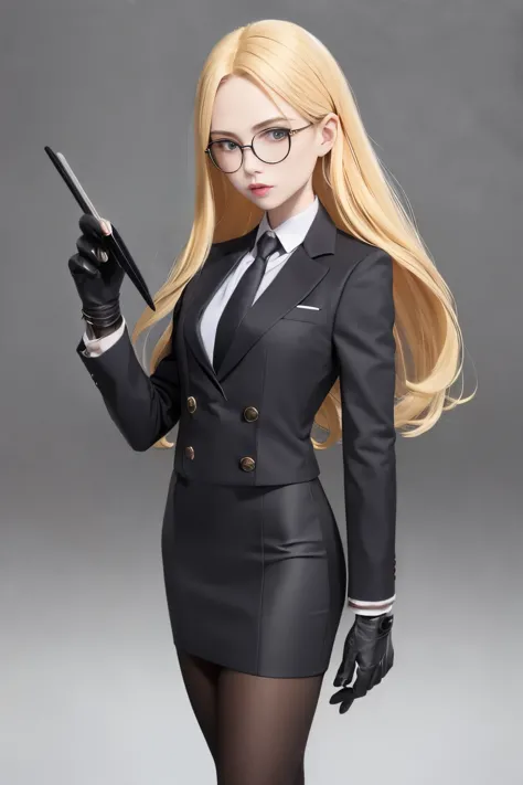 masterpiece, best quality, blonde hair, sfKolin, glasses, black shiny skirt suit, (((three-piece suit))), necktie, blazer, suit ...