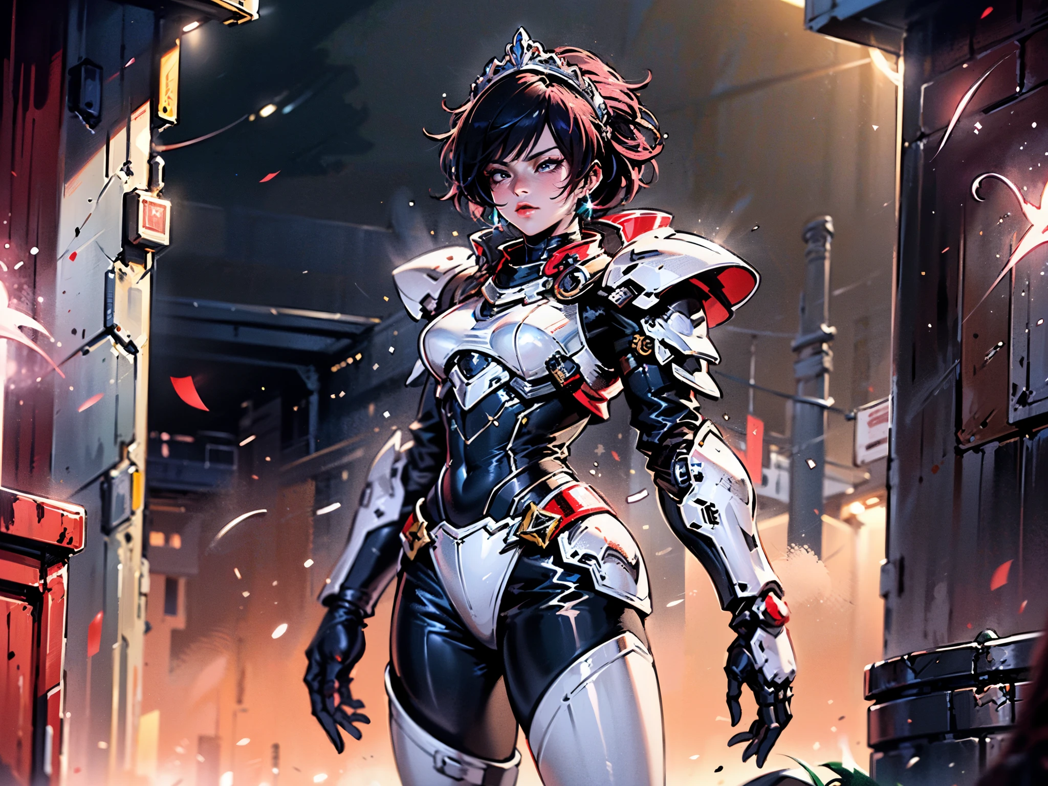 A woman adorned in fantasy-style full-body armor, a crown-concept fully enclosed helmet that unveils only her eyes, a composite layered chest plate, fully encompassing shoulder and hand guards, a lightweight waist armor, form-fitting shin guards, the overall design is heavy-duty yet flexible, ((the armor gleams with a golden glow, complemented by red and blue accents)), exhibiting a noble aura, she floats above a fantasy-surreal high-tech city, this character embodies a finely crafted fantasy-surreal style armored hero in anime style, exquisite and mature manga art style, (Queen bee mixed with Spider concept Armor, plasma, blood), ((Element, energy, elegant, goddess, femminine:1.5)), metallic, high definition, best quality, highres, ultra-detailed, ultra-fine painting, extremely delicate, professional, anatomically correct, symmetrical face, extremely detailed eyes and face, high quality eyes, creativity, RAW photo, UHD, 32k, Natural light, cinematic lighting, masterpiece-anatomy-perfect, masterpiece:1.5