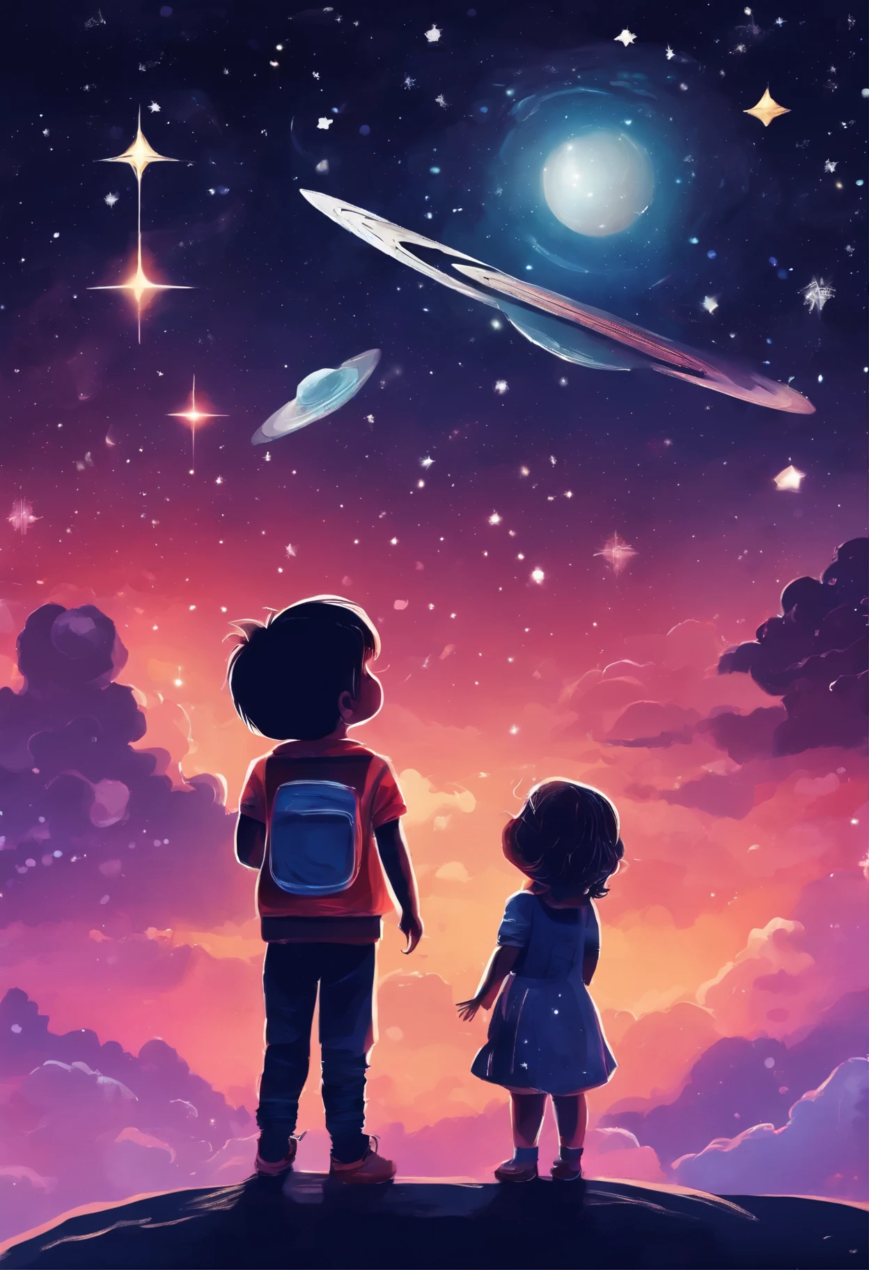 Two children looking at the stars in the sky - SeaArt AI