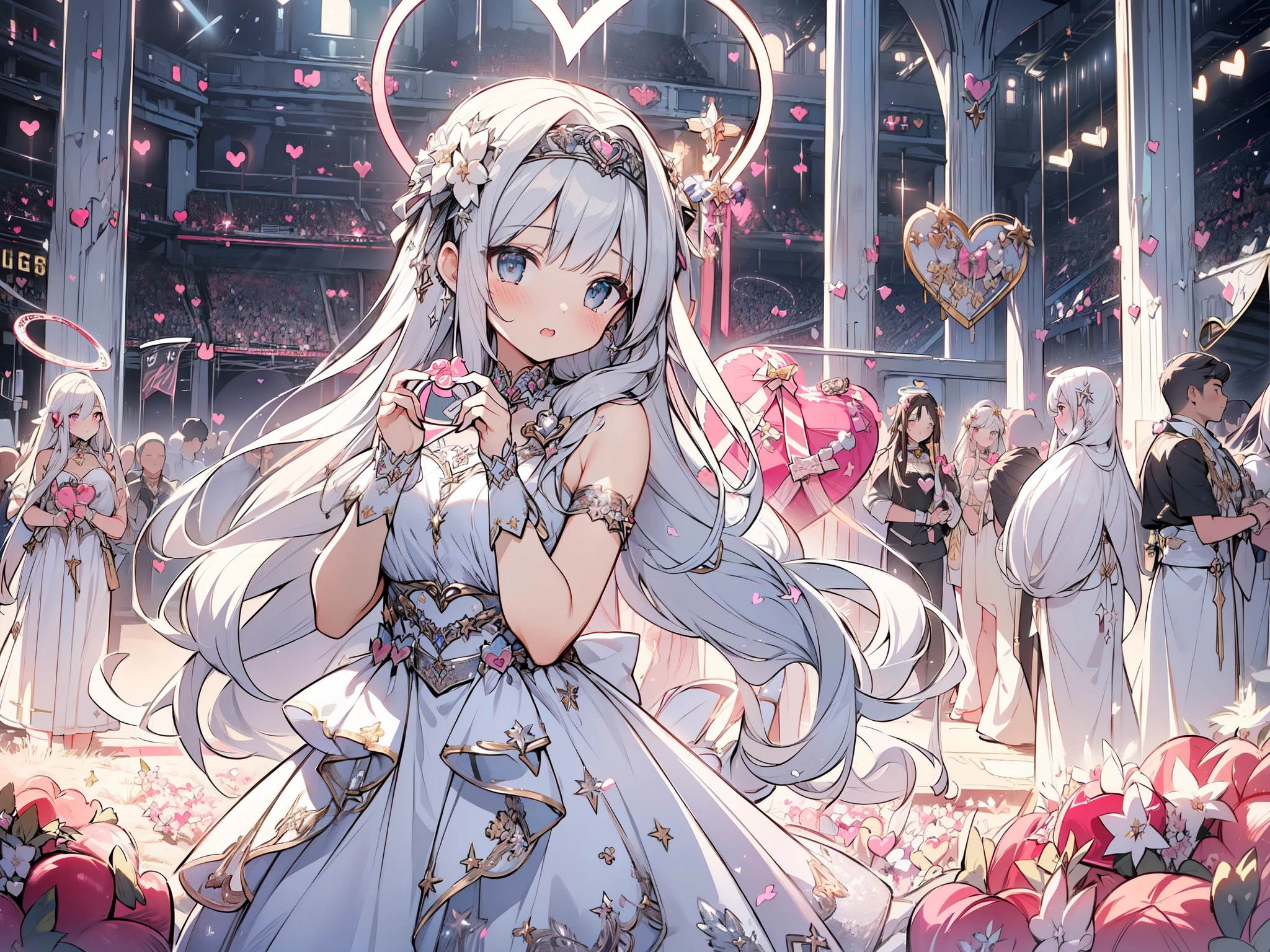 ((masterpiece,super detailed, 8K quality)), aesthetics, cinematic lighting, beautiful digital artwork, exquisite digital illustration, disorganized, 
super cute face、beautiful girl、((silver extra super long hair)),
((((heart shaped halo)))),halo neon pink halo,
(((goddess of love and war,
divine idol costume,ultimate idol ))),