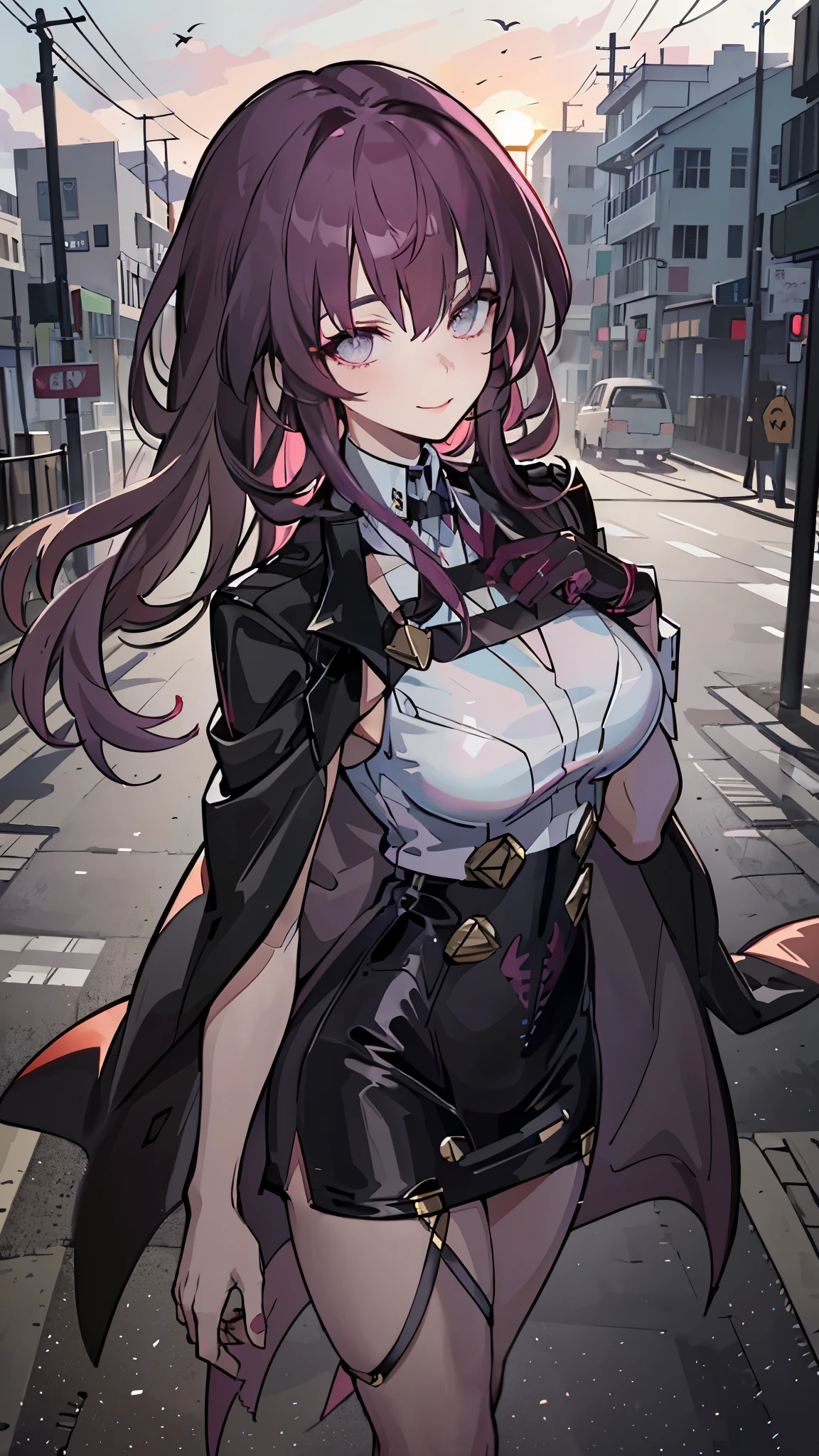 (masterpiece: 1.6, 最high quality), (Are you okay, beautiful eyes: 1.2), (overhead), high quality, beautiful face, 1 girl, wide shot, white crop top, Leather Tight Skirt, oversized leather jacket, open shoulders, big breasts, long hair, wide hips, (landscaped, ), street, background, Detailed background, with a creepy smile, smile at the corner of the mouth, long coat, shirt tie