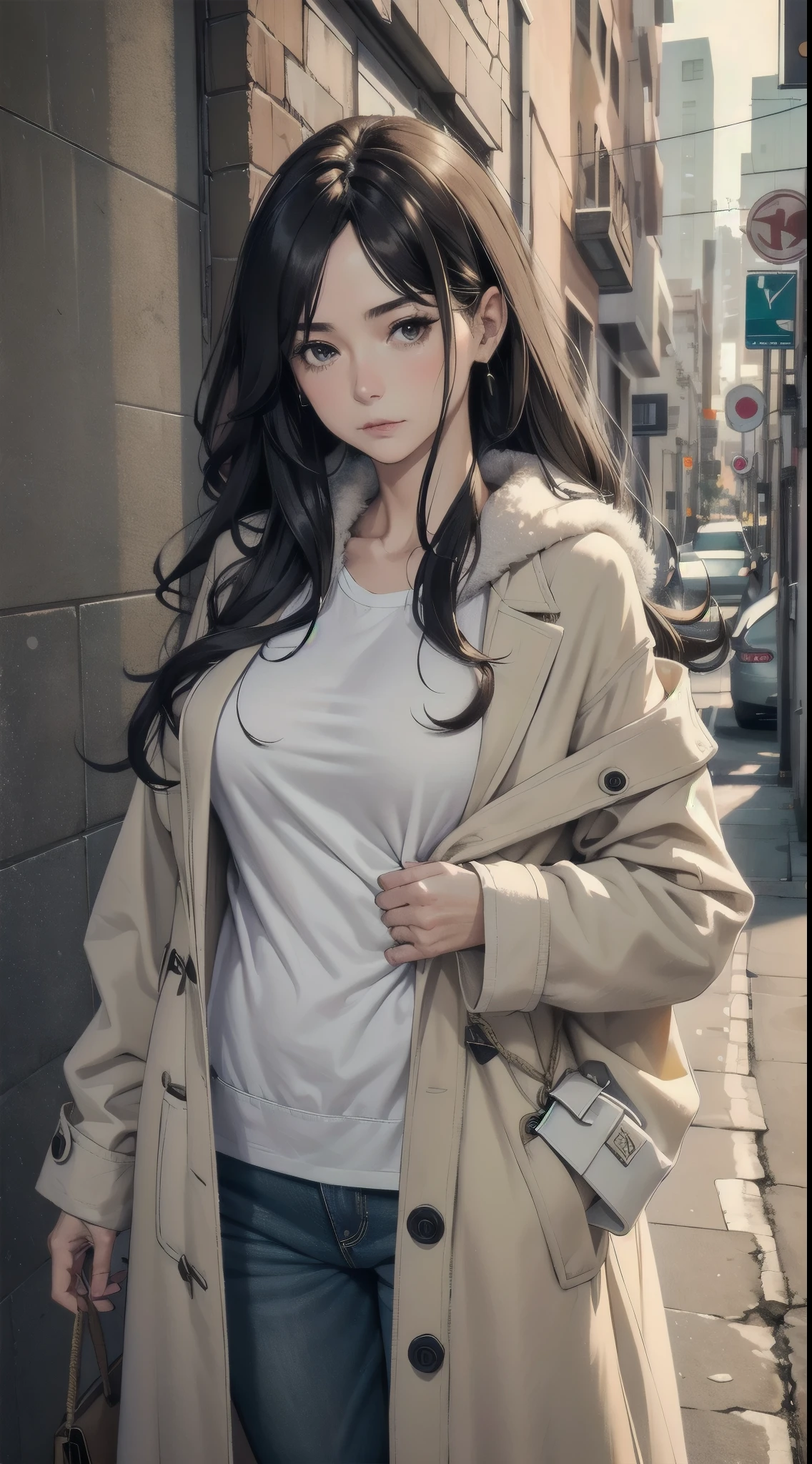 mature face, mature woman, fluffy long hair, Super loose casual cotton coat, clothes slipping off, Lordosis of the back, Hold your chest out, ruddy complexion, The hemp rope tightly tightens the chest