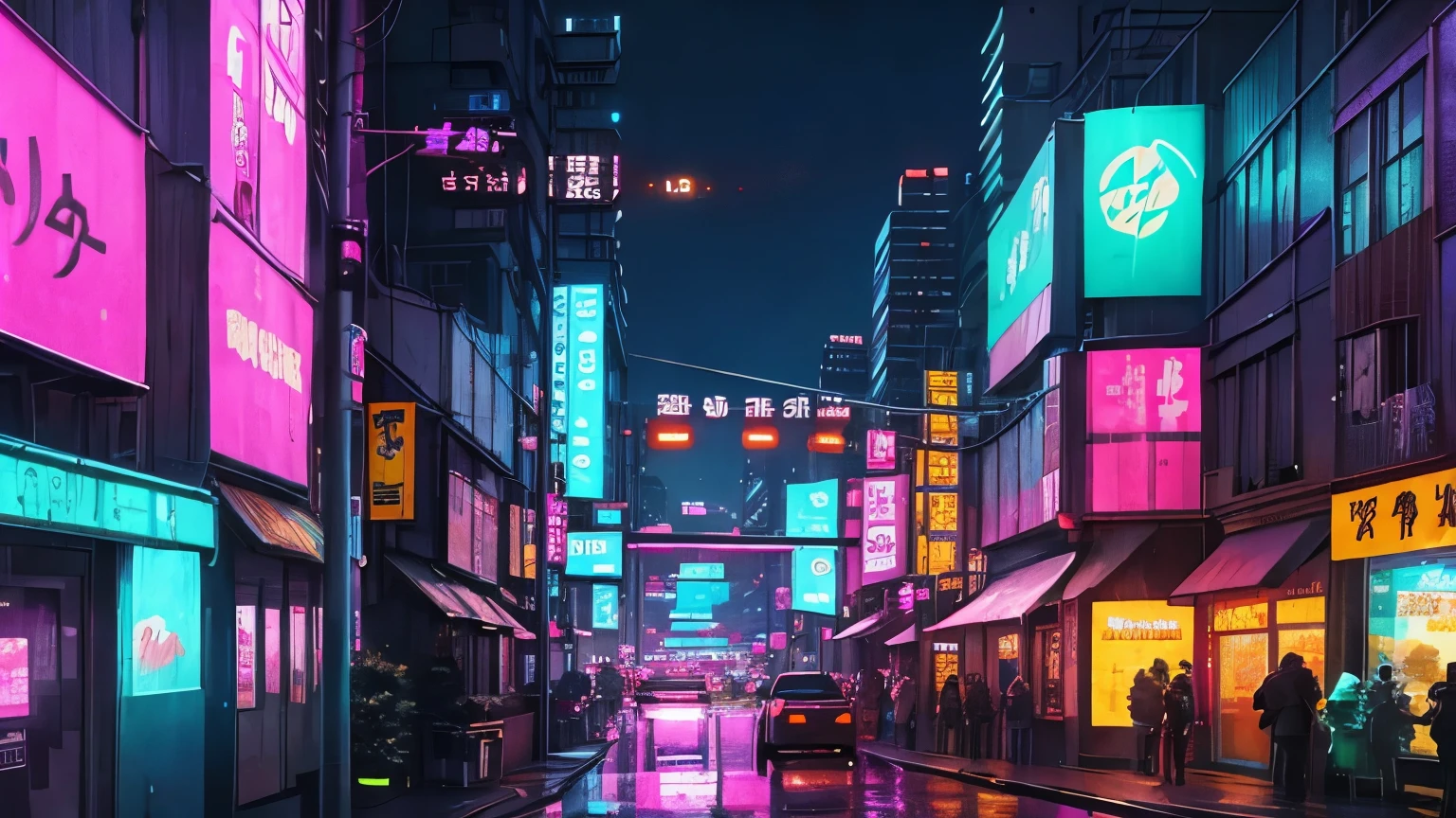 escena callejera de la ciudad de neón con luces de neón y edificios de neón, in a futuristic ciudad ciberpunk, detailed neon ciudad ciberpunk, noche futurista de tokio cyberpunk, calle de la ciudad futurista, in ciudad ciberpunk, calle futurista, futuristic ciudad ciberpunk, neón futurista cyberpunk, estilo de arte ciberpunk, luces de neón ciberpunk, ciudad ciberpunkscape, ciudad ciberpunk, ciudad de neón en el fondo, ciudad ciberpunk landscape