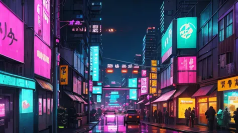 neon city street scene with neon lights and neon buildings, in a futuristic cyberpunk city, detailed neon cyberpunk city, futuri...