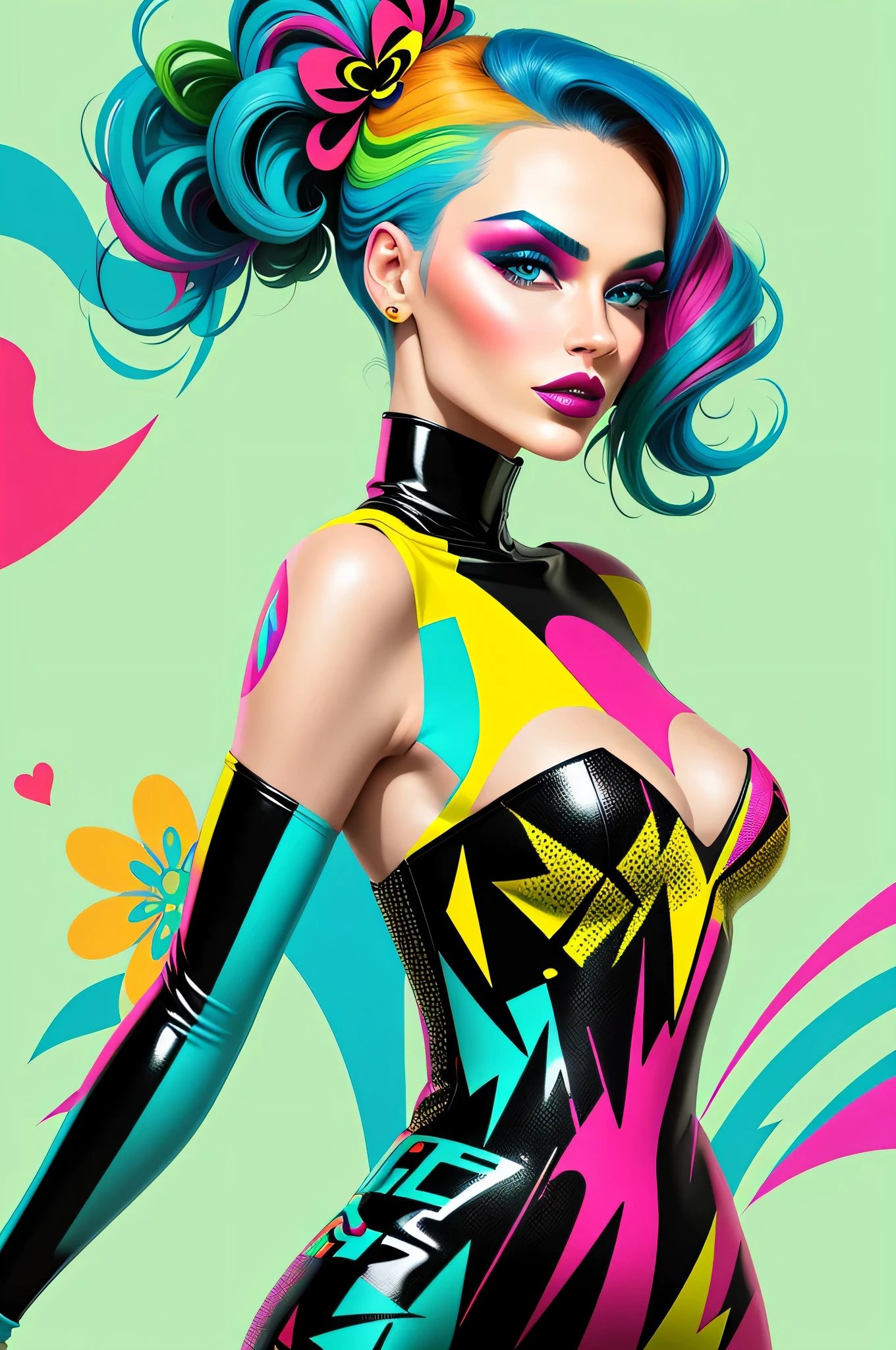 Create a digital art work in pop art style, featureing a vibrant and confident woman with bold makeup and colorfull fashion, cinematic color scheme, surrounded by abstract flower patterns, energtic brushstrokes,the mood should be dynamic.
INFO
