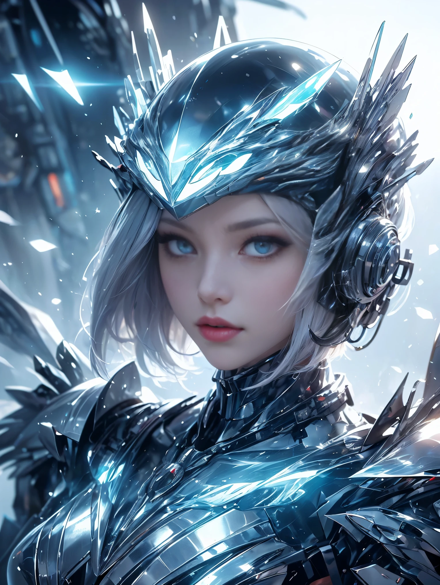 best image quality, excellent details, ultra high resolution, (realism: 1.6), best illustrations, Favor details, condensed 1girl, With a delicate and beautiful face, (Dressed in a silver and blue mecha),((wearing a Mechanical helmet )), Accurately express details such as faces and skin textures,((beautiful face and eyes)), (short hair),slender body shape,alone,medium breast,The background is a high-tech lighting scene of a futuristic city.