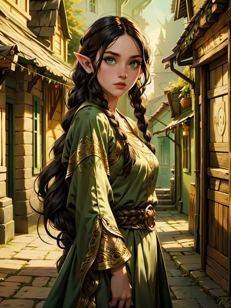 Female elf, long black hair, braided hair, brunette, round face, green and white clothes, in a fantasy town, fantasy character