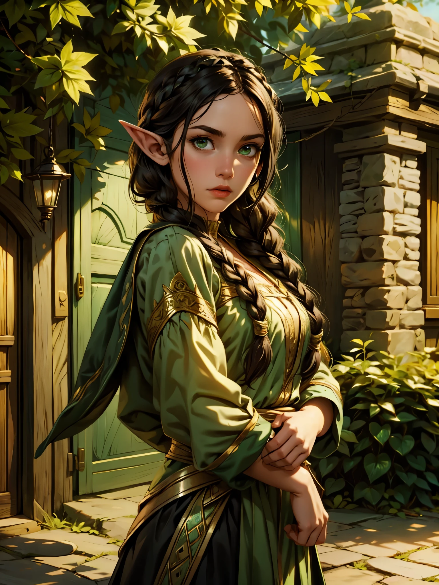 weibliche Elfe, langes schwarzes Haar, geflochtenes Haar, Brünette, Rundes Gesicht, grüne und weiße Kleidung, in einer Fantasiestadt, Fantasy-Charakter