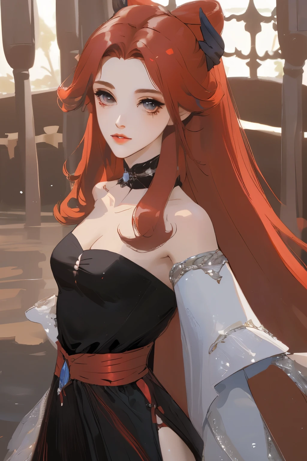 best quality, masterpiece, (actual: 1.2), 1 girl, slim girl, Red hair, brown eyes, front, Detailed face, beautiful eyes, brown eyes, big eyes, small breasts, split, long skirt，Rich details