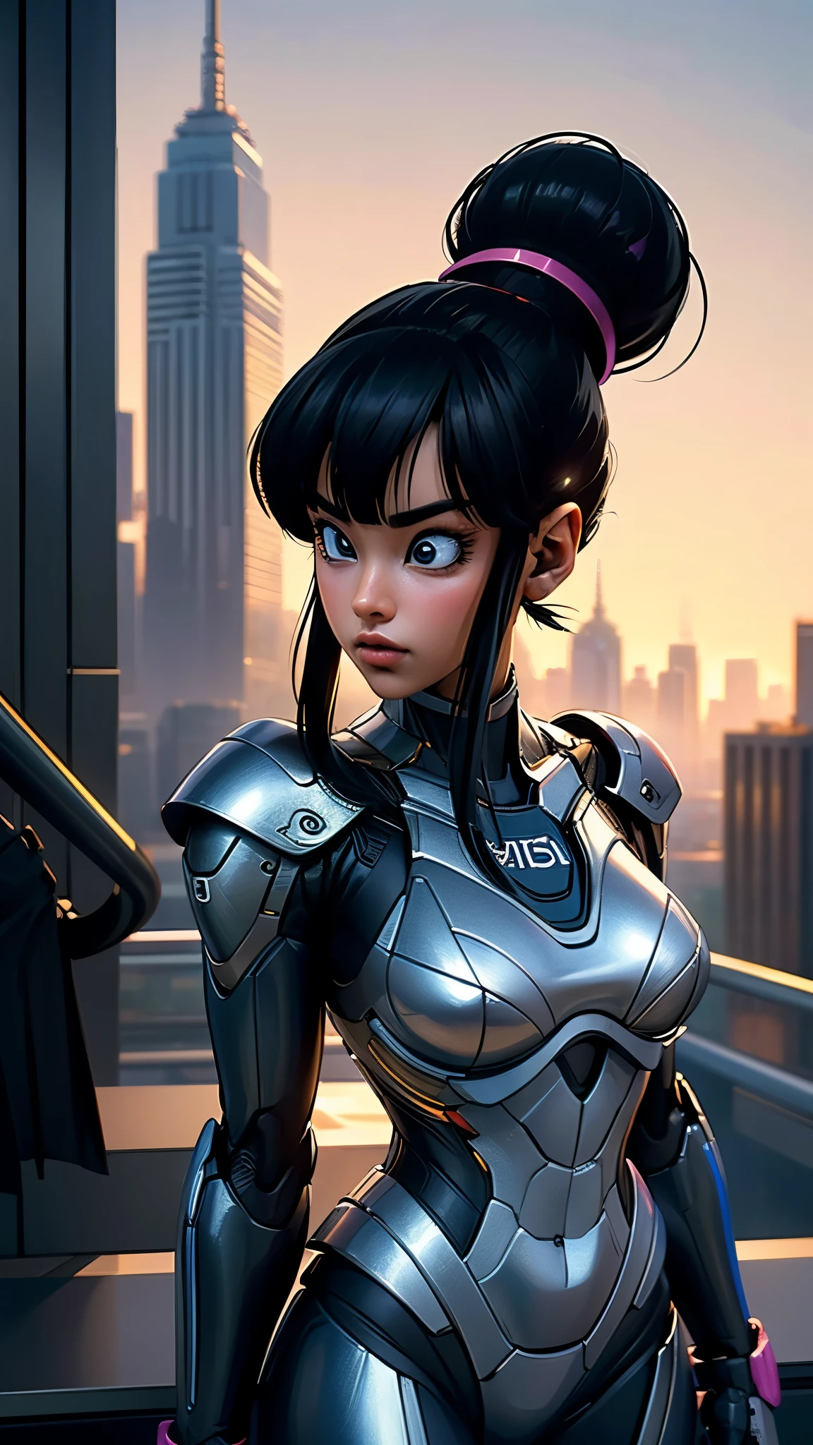 A girl with chi chi features combined with a robot, standing in a futuristic cityscape, mesmerizing onlookers. The girl has beautiful detailed eyes, beautiful detailed lips, and an extremely detailed face. She has long eyelashes that add to her charm. The robot is made of polished metallic material, giving it a sleek and modern appearance. The cityscape is depicted in an ultra-detailed style, showcasing towering skyscrapers, advanced technology, and flying vehicles. The colors used are vivid and vibrant, with a futuristic color palette that includes neon lights and bright accents. The lighting in the scene is reminiscent of a sunset, casting a warm glow across the city. The overall image quality is of the best quality, with a resolution of 4k or 8k, and it aims to be a masterpiece in its level of detail and artistry. The prompt also specifies that the image should be realistic or photorealistic, capturing the intricacies of the girl's features and the robot's design.