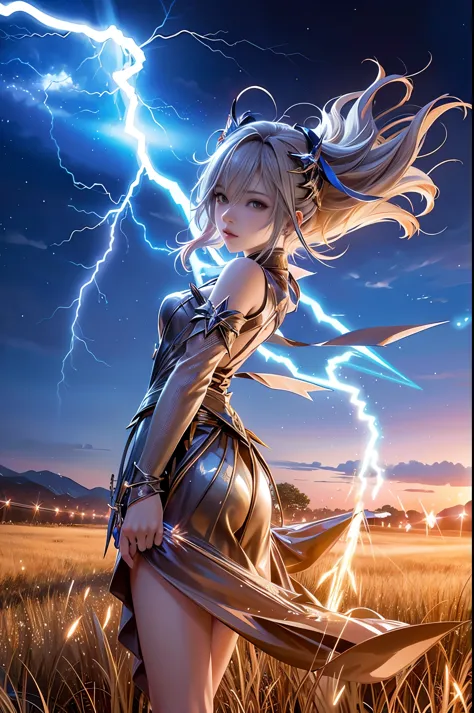 anime girl in a field with lightning in the sky, goddess of lightning, splashes of lightning behind her, with lightning, detaile...