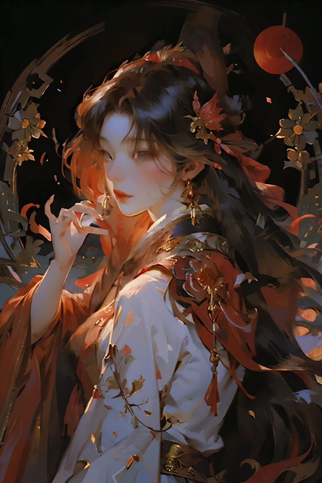 Exquisite facial features，one wearing red clothes、Close-up of woman wearing red scarf, Korean Art Nouveau Animation, anime art nouveau, Alphonse Mucha and Rose Drews, beautiful digital illustration, the goddess of autumn harvest, goddess of autumn, Inspired by Alphonse Mucha, beautiful anime artwork, sailor jupiter. beautiful, Inspired by Yanagawa Shigenobu, Empress Autumn
