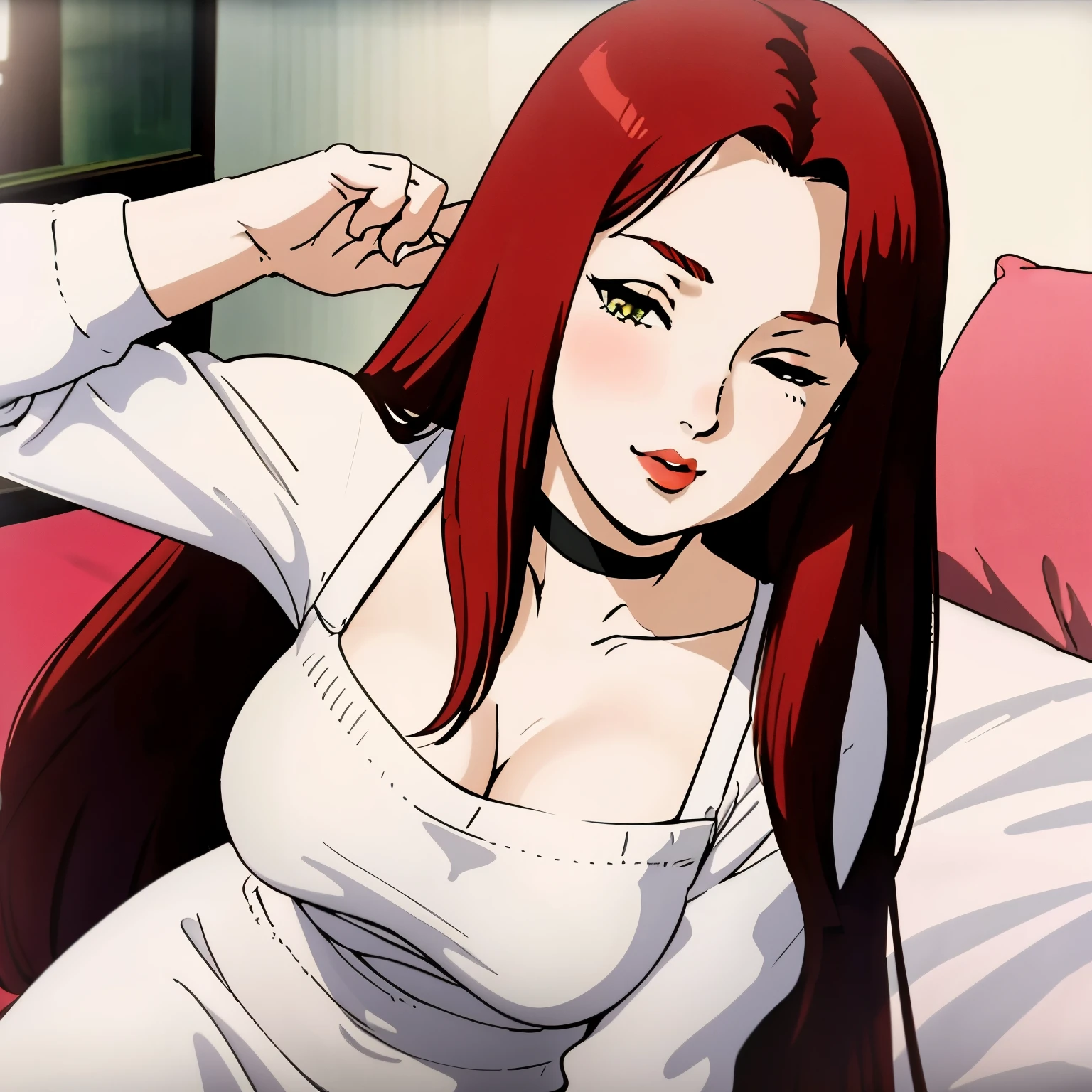 Anime girl with red hair sitting on a bed in a white shirt - SeaArt AI