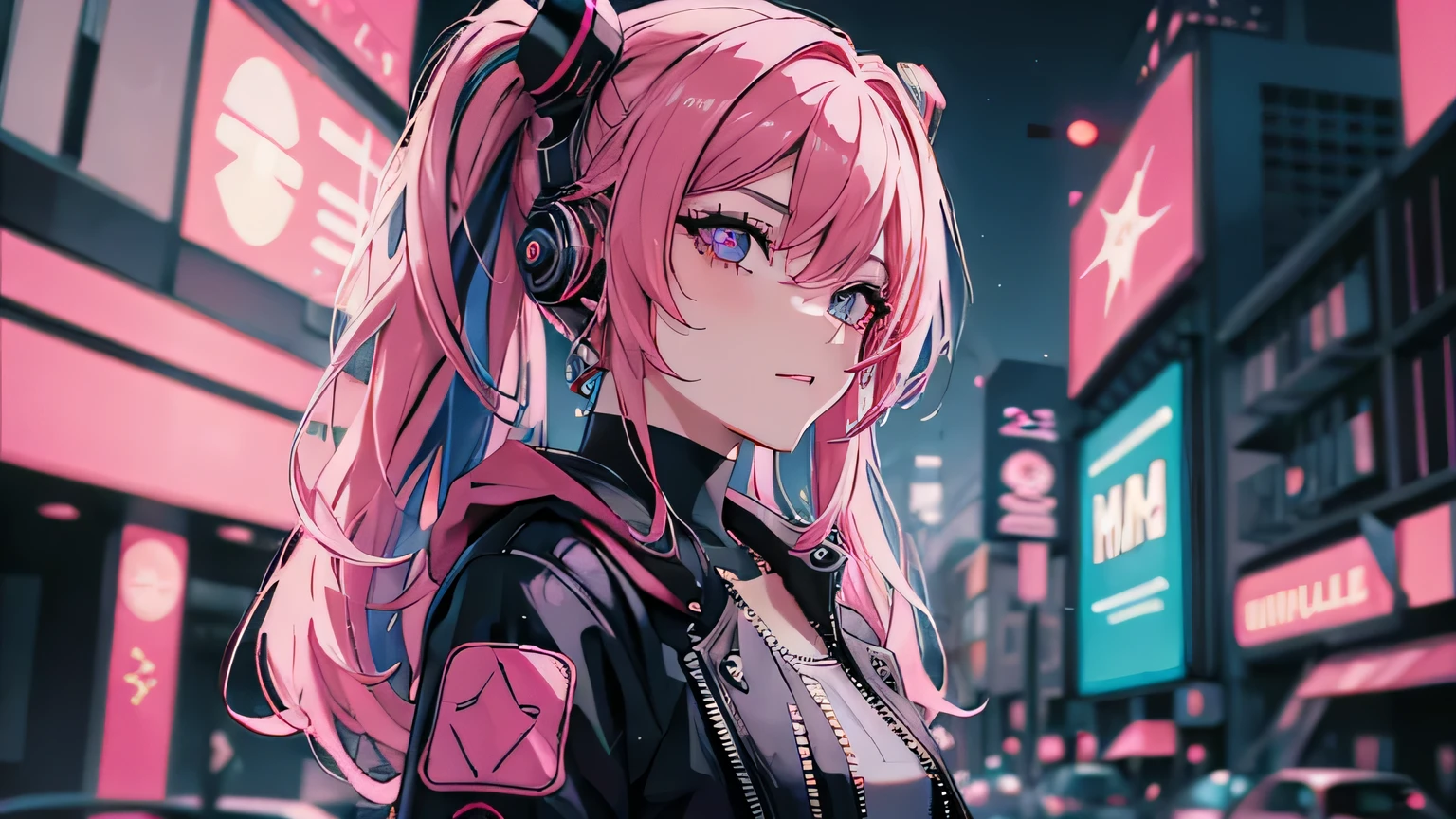 (Masterpiece artwork, best qualityer, natta, pink  hair, long hair, twintails, 8k, absurdres,  pretty, cyberpunk, cyber goth, (cyberpunk, fluorescence pink accent, linhas rosa Ablazes em jaqueta curta: 1.4), neon, bracelets and choker, (Ablaze, sheen, movie grain, chromatic aberration:2), (asian shopping district, Street, buildings, sky scraper: 1.2), make-up, (cyan earrings: 1.3), sharp-focus, darkness background,  perspective, Depth of field, (very small mechanical device, Raby, HDR, facelight, sharp-focus, dynamic lighting, cinematiclighting, professional shadow, extremely detaild, fine-details, realskin: 0,8), (detailedeyes, sharp pupils, realistic pupils, darkness background: 0,6), (glitch effect: 0,7), yellow pupils