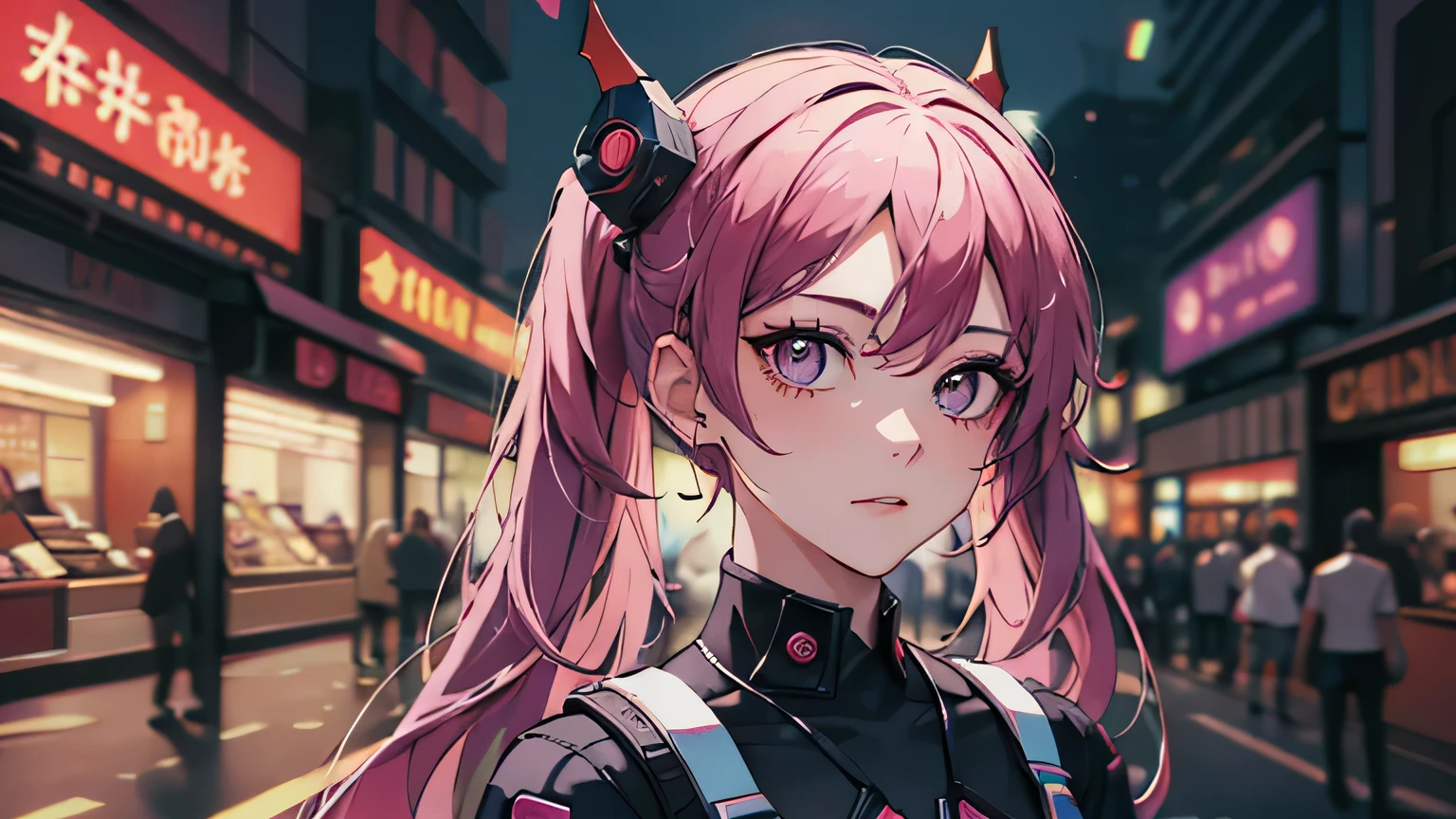 (Masterpiece artwork, best qualityer, natta, pink  hair, long hair, twintails, 8k, absurdres, big breast, pretty, cyberpunk, cyber goth, (cyberpunk, fluorescence pink accent, linhas rosa Ablazes em jaqueta curta: 1.4), neon, bracelets and choker, (Ablaze, sheen, movie grain, chromatic aberration:2), (asian shopping district, Street, buildings, sky scraper: 1.2), make-up, (cyan earrings: 1.3), sharp-focus, darkness background,  perspective, Depth of field, (very small mechanical device, Raby, HDR, facelight, sharp-focus, dynamic lighting, cinematiclighting, professional shadow, extremely detaild, fine-details, realskin: 0,8), (detailedeyes, sharp pupils, realistic pupils, darkness background: 0,6), (glitch effect: 0,7), yellow pupils