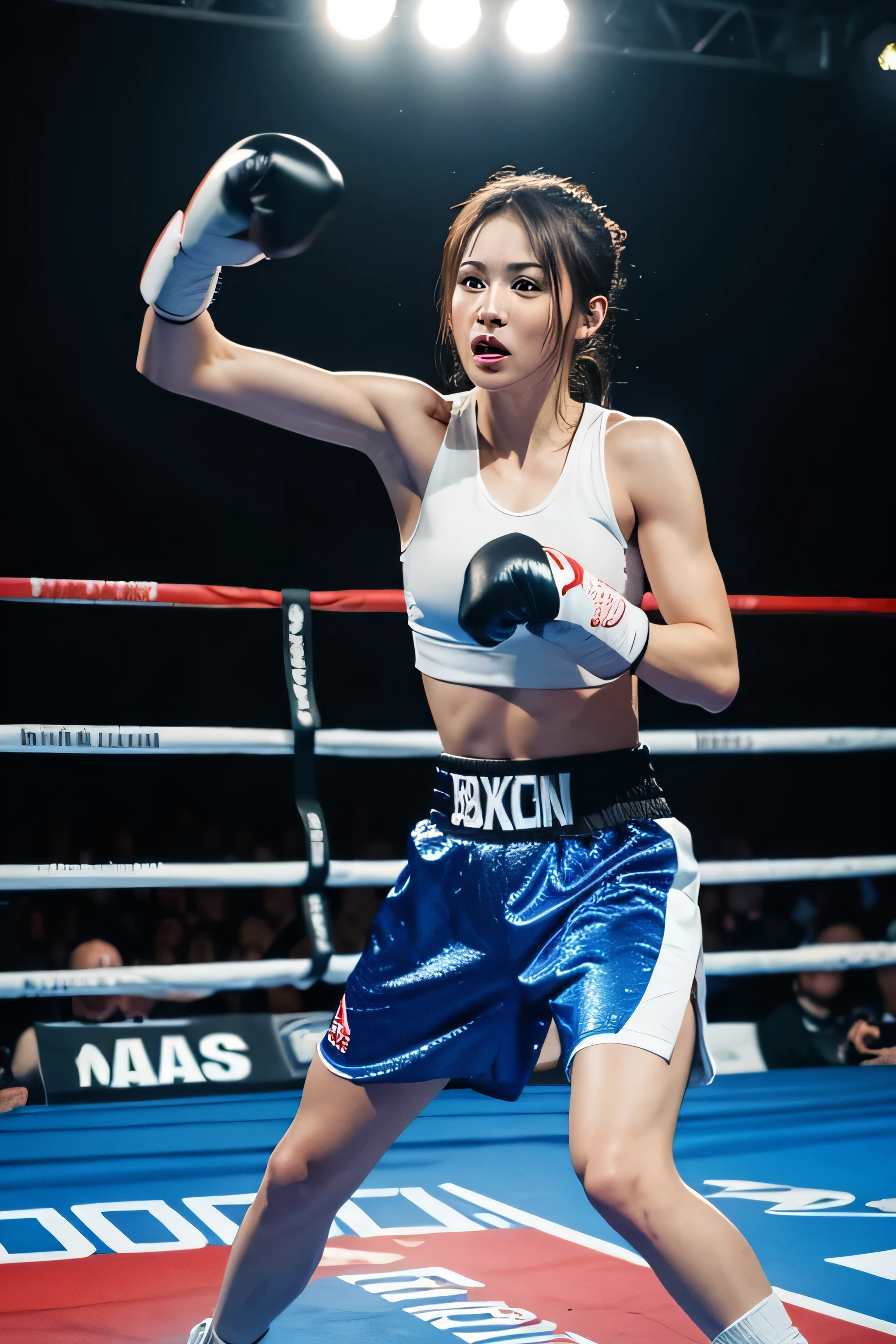 Female boxer in a boxing ring with a referee in the background - SeaArt AI